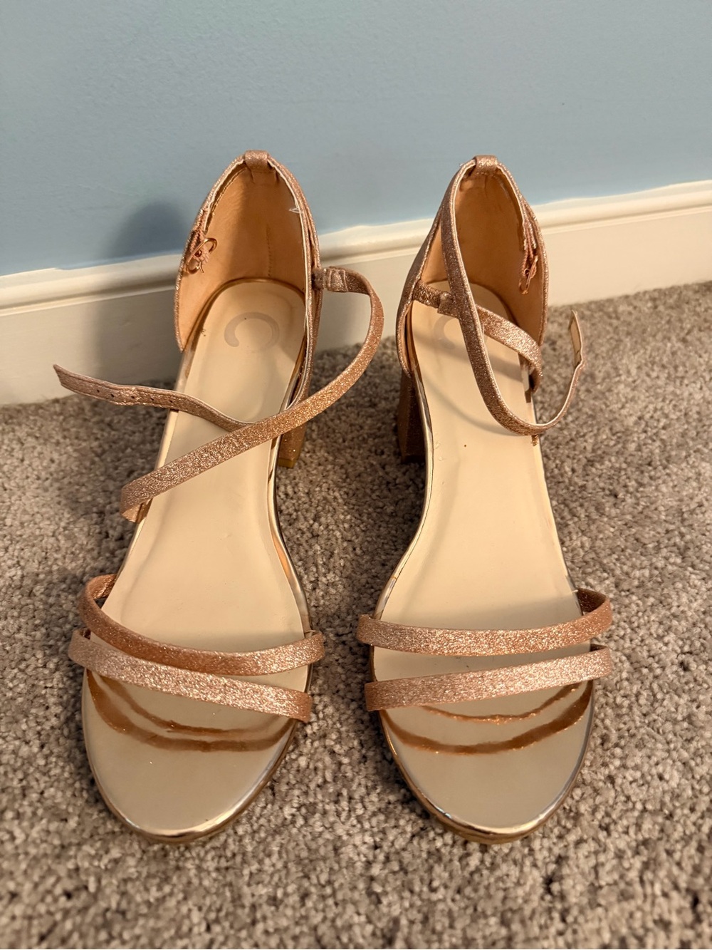 Women's Glitter Strap Block Heel Sandals - Rose Gold